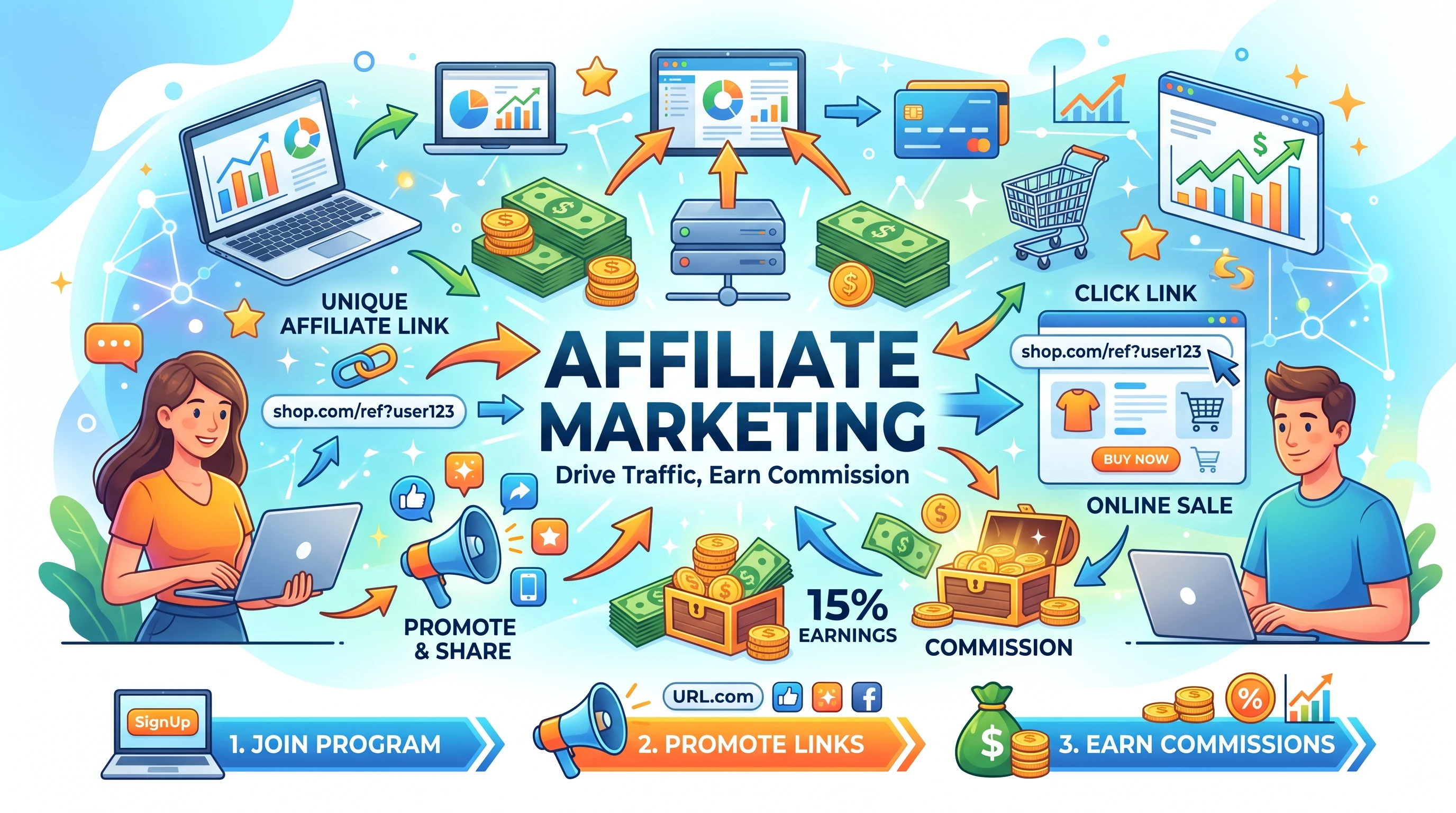 A digital illustration of affiliate marketing concepts with icons of money, commissions, laptops, and website links on a bright background