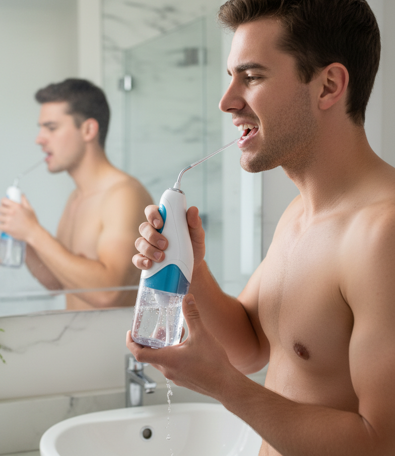 A young many cleaning his teeth with a water pick.