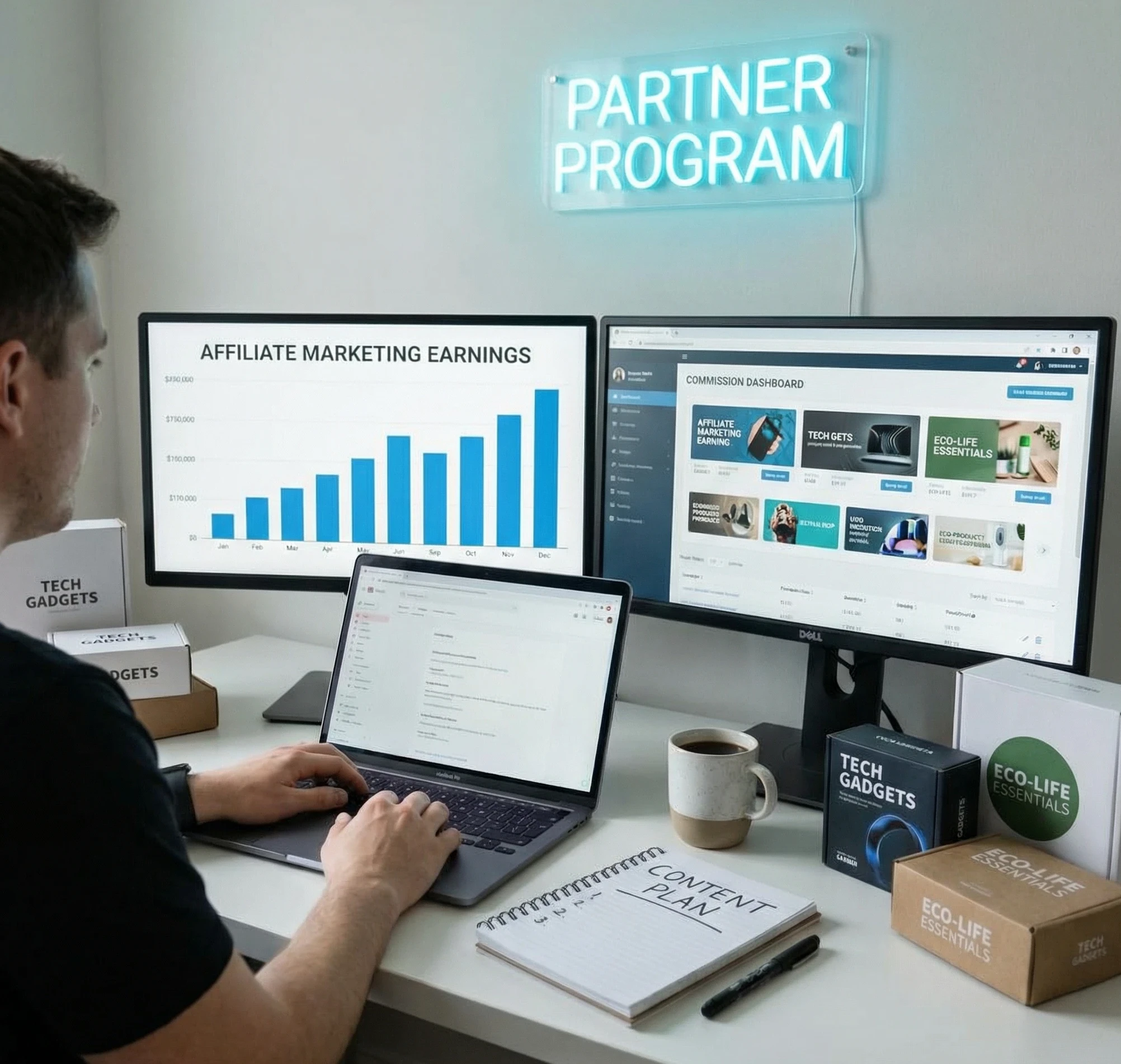 A young man working on his affiliate marketing gig.