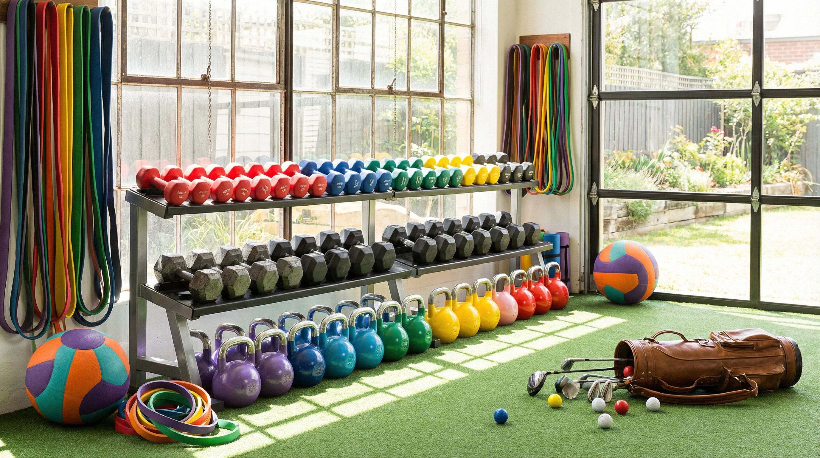 Golf equipment and free weights arranged on a gym floor