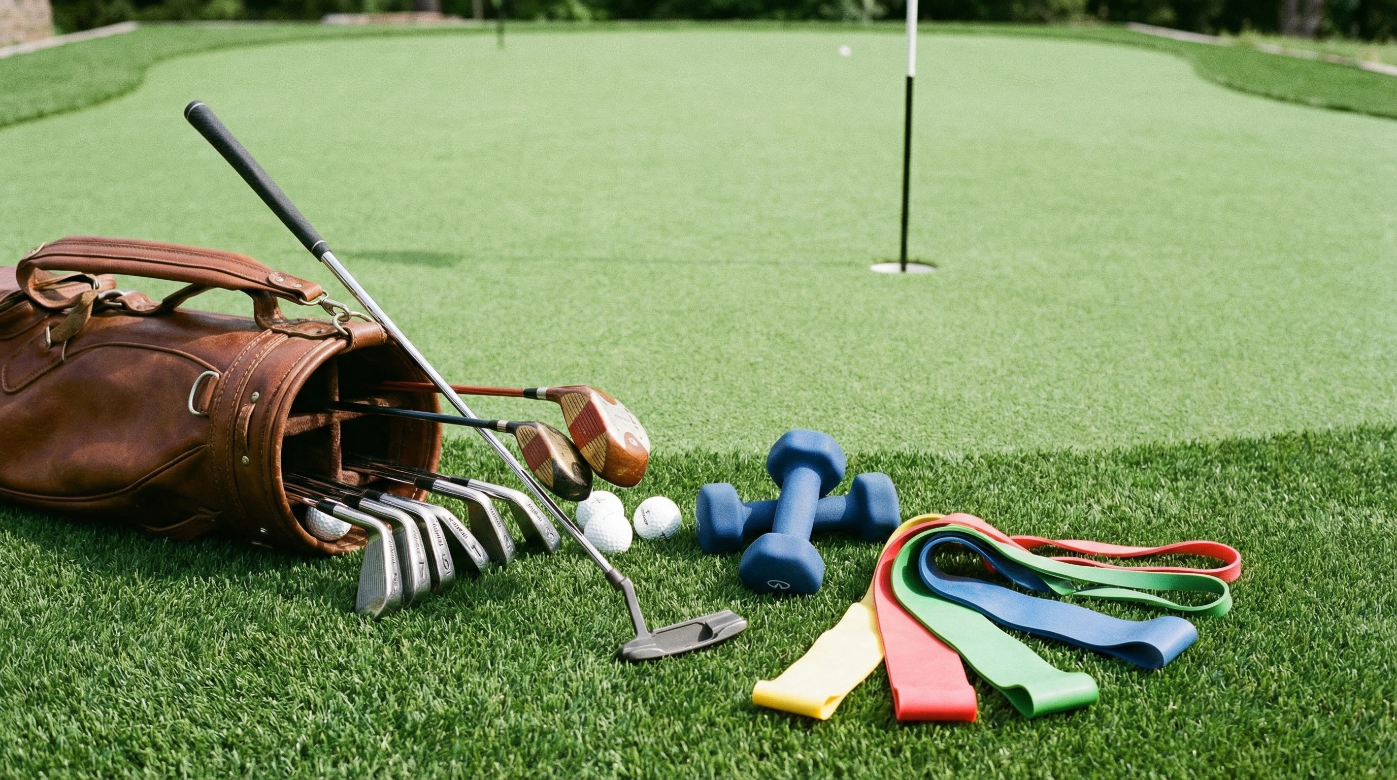 Dumbbells, resistance bands and a golf ball assembled neatly on artificial turf with a putting green in the background.