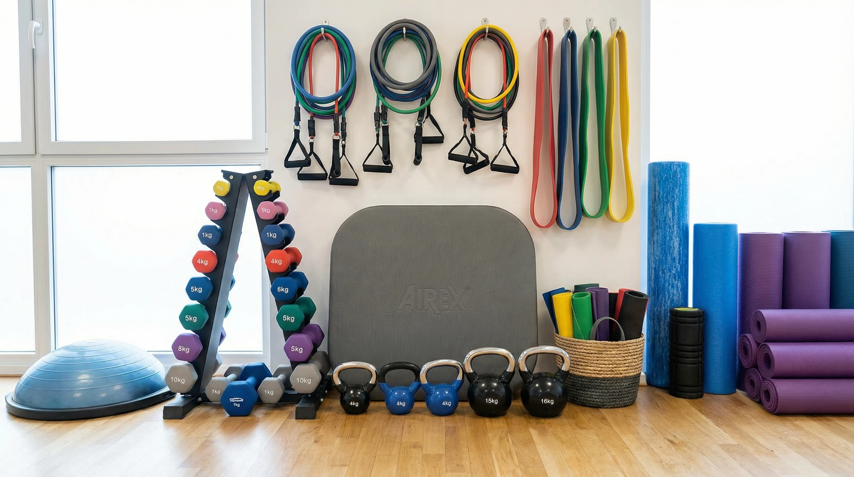 stability exercise equipment and weights on a gym floor