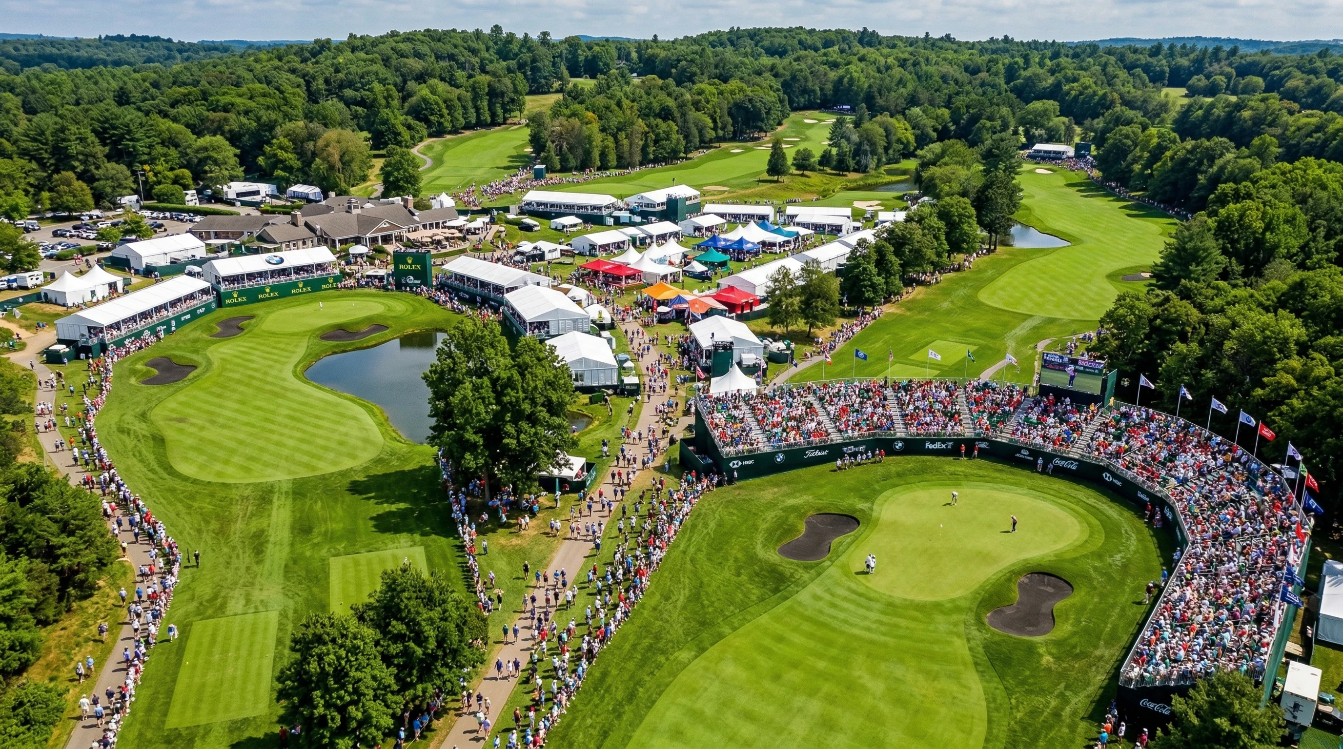 Aerial view of a professional golf tournament course with sponsor banners, hospitality tents, and crowds, surrounded by green fairways and trees.