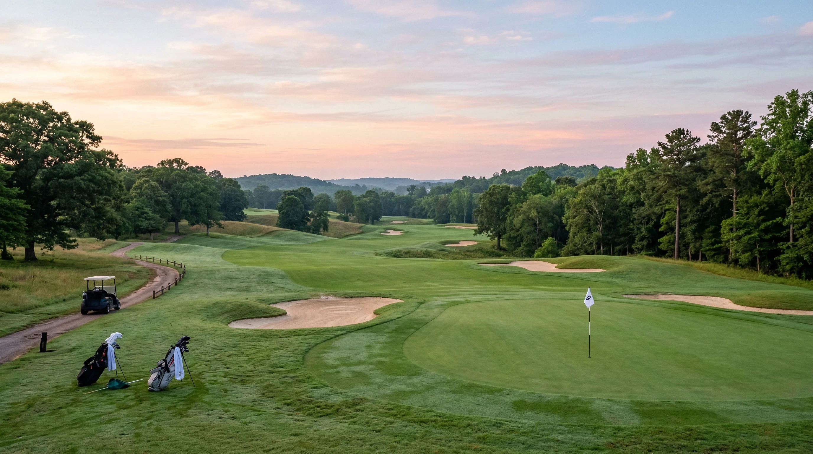A quiet early morning shot of a lush golf course with smooth greens and scattered bunkers under a pastel sky. A few golf bags and clubs are visible on the side, with rolling hills and distant trees, but no humans shown.