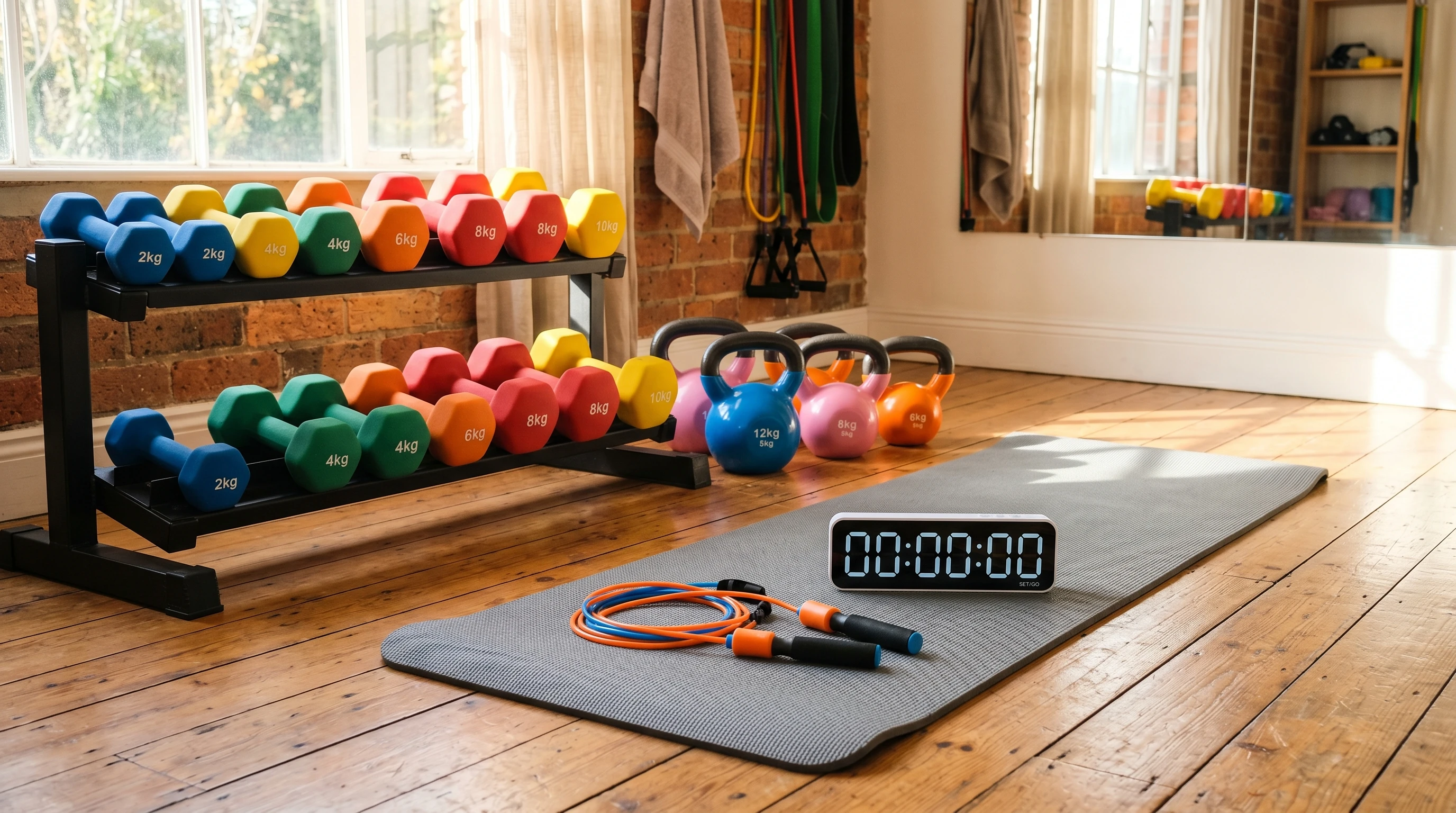 Colorful set of workout equipment and timer on wooden gym floor in sunlight
