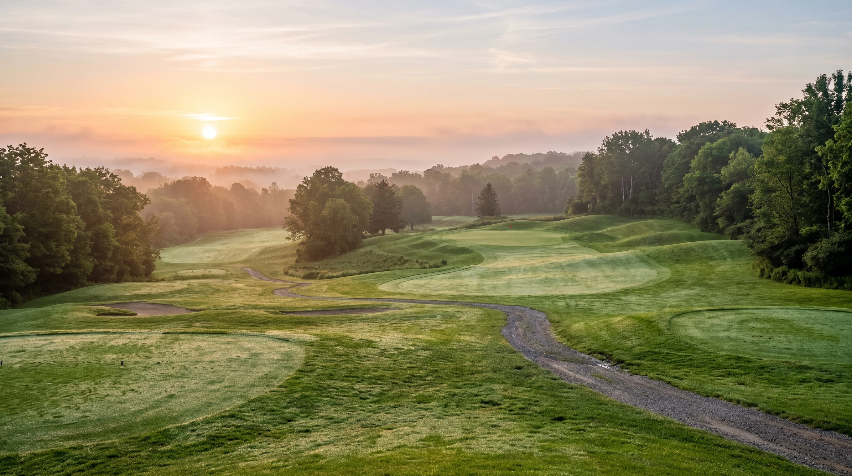 Golf course with lush green fairway, rolling hills, and misty morning light. No people or text visible.