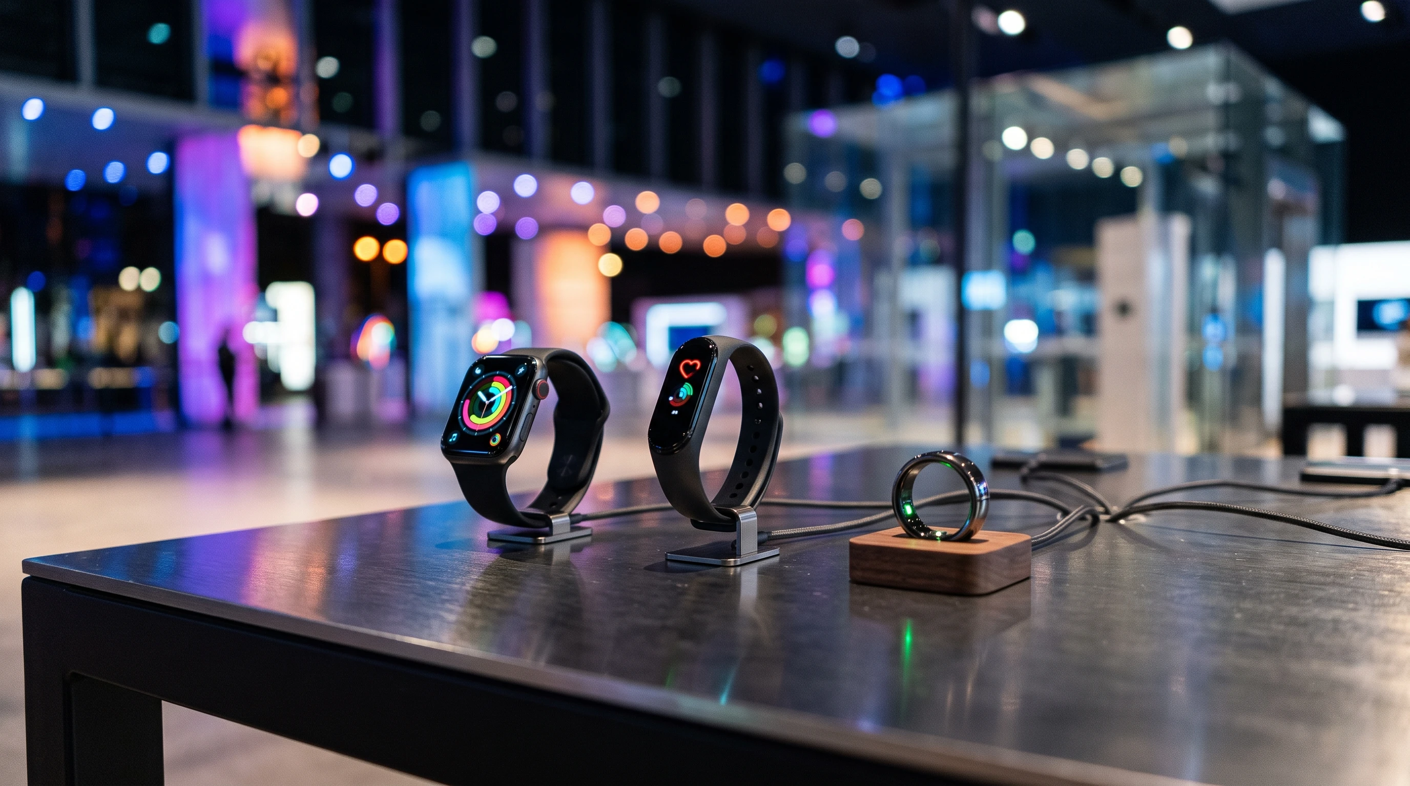 Wearable health tech gadgets on a table, with a smartwatch, fitness band, and a smart ring next to each other.