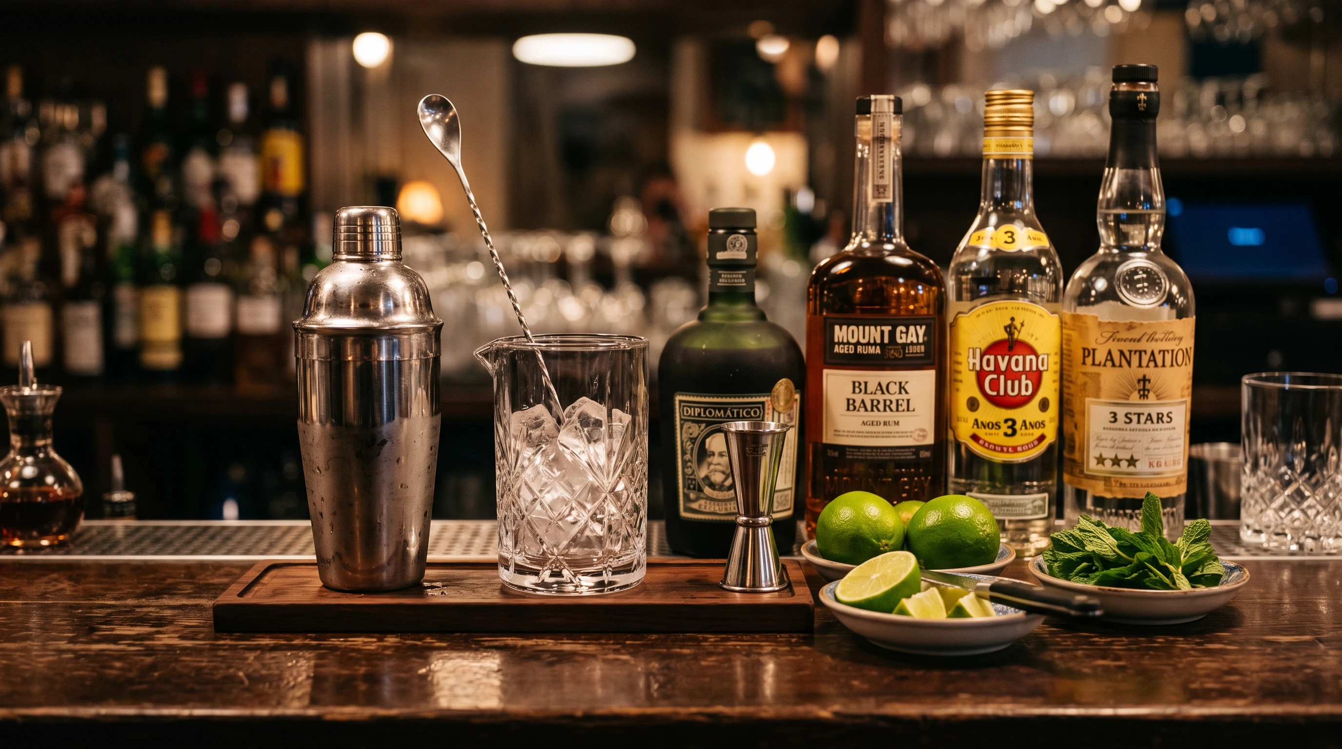 A shiny cocktail shaker next to a mixing glass with bar tools and limes scattered on a dark wooden bar.