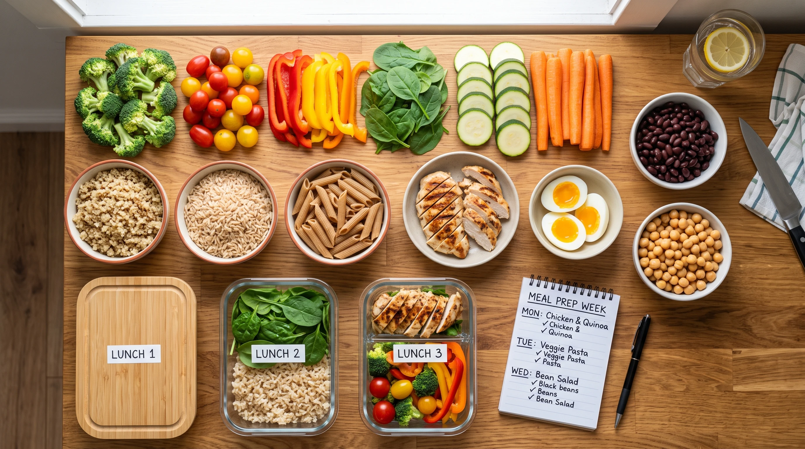 A colorful flat lay of fresh vegetables, grains, and protein sources neatly organized on a kitchen counter, with meal prep containers and a notepad nearby.
