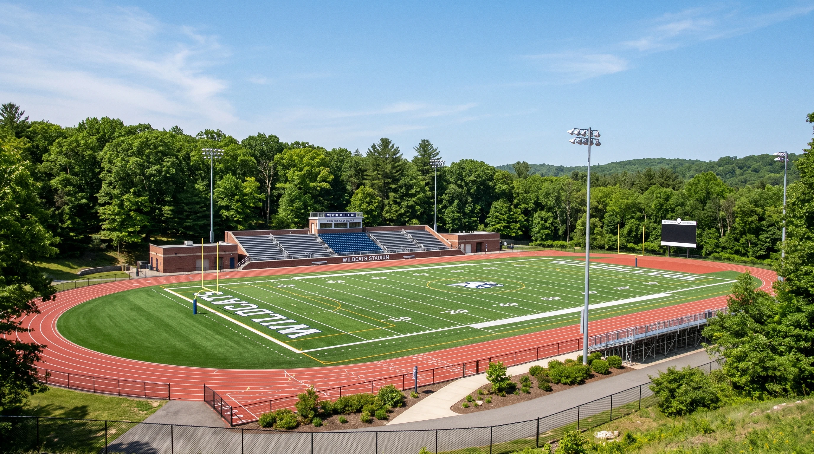 An empty small college sports stadium under calm skies