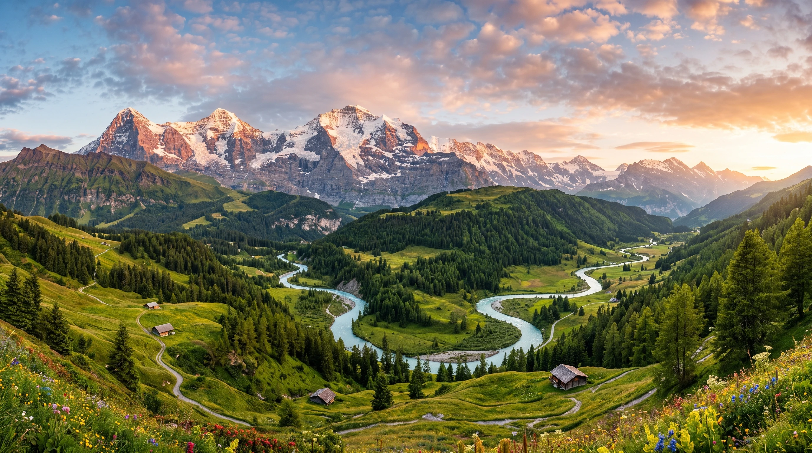 Scenic panoramic travel destination – mountains, river, and vibrant landscape