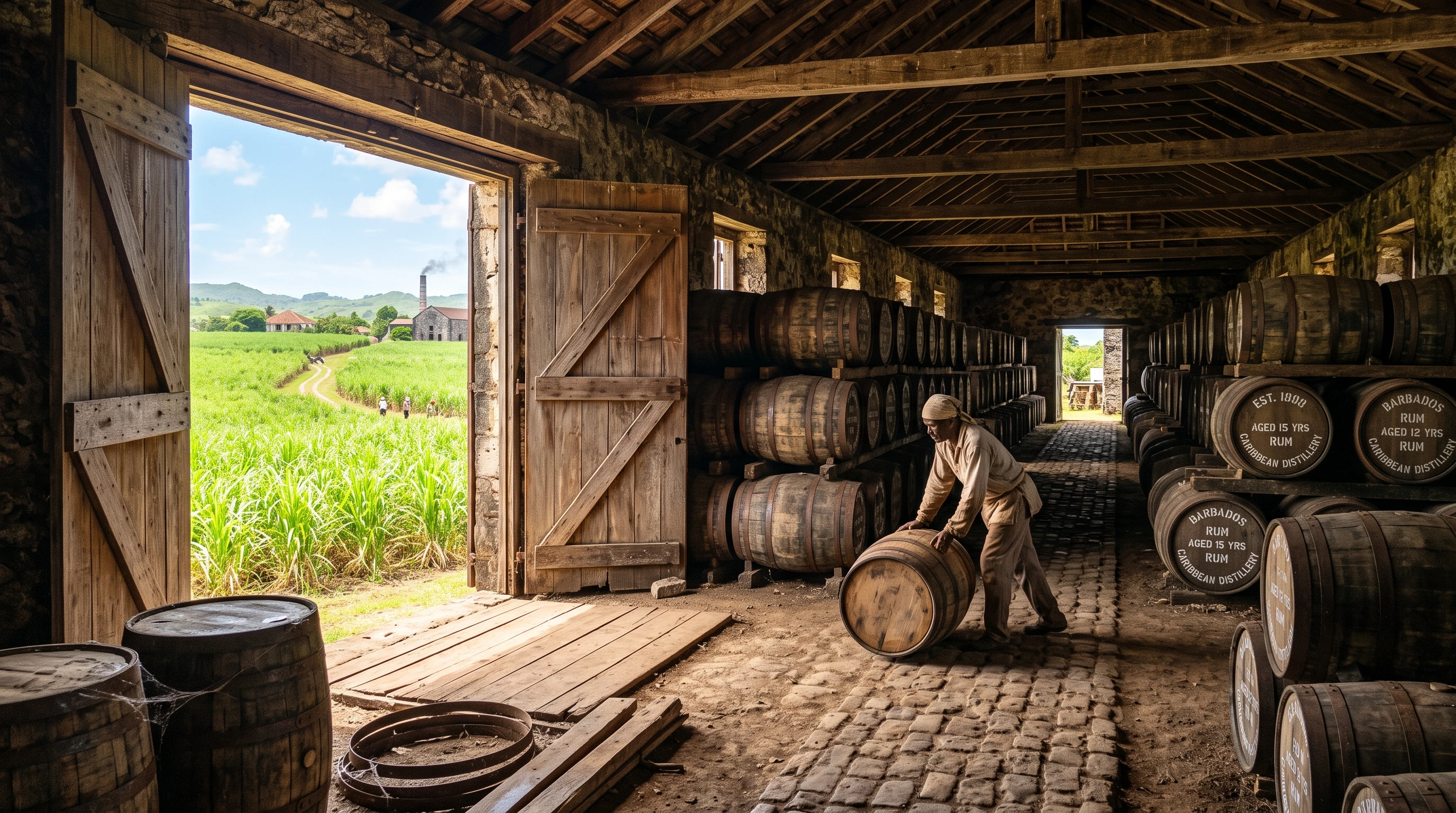 Historic rum barrels in a Caribbean warehouse