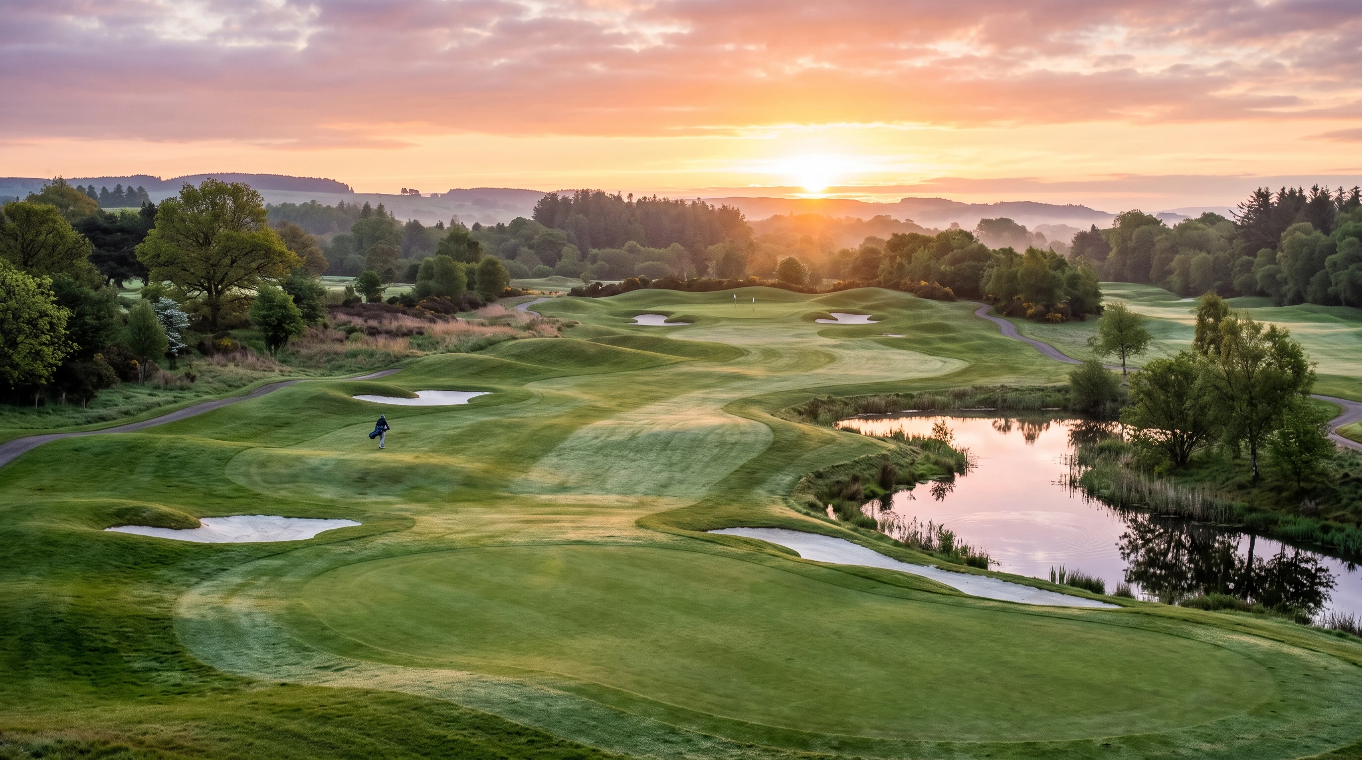 A lush green golf course with morning dew, sand bunkers, water hazards, and rolling fairways under a soft sunrise light.