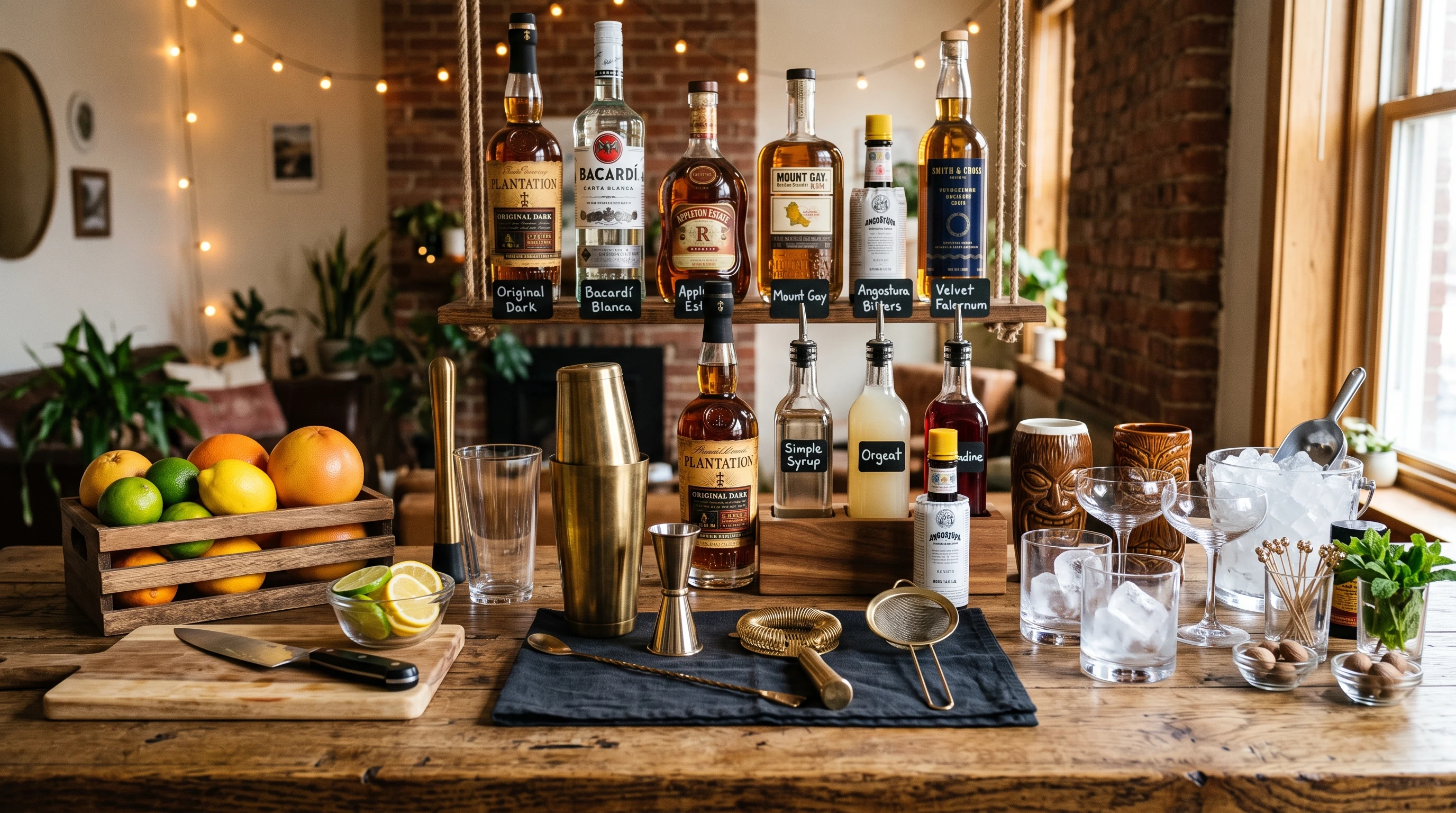 DIY home rum bar setup with various classic cocktail ingredients, shakers, fresh citrus, and glassware on a well-organized wooden countertop.