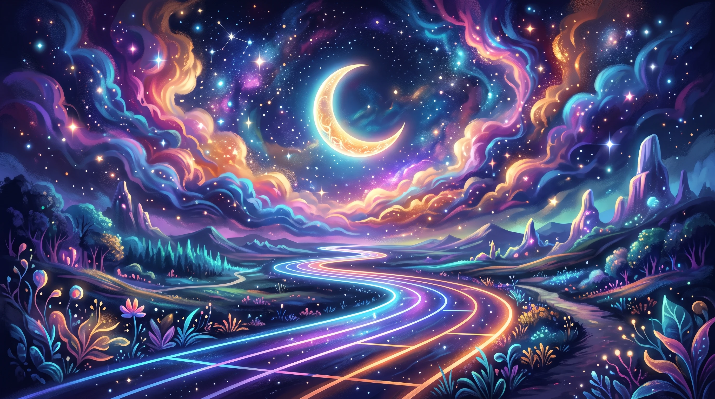 A colorful, surreal digital illustration of a crescent moon hovering over a glowing running track, surrounded by vibrant clouds and lit by gentle stars, all set in a dreamy night landscape. No humans or text.