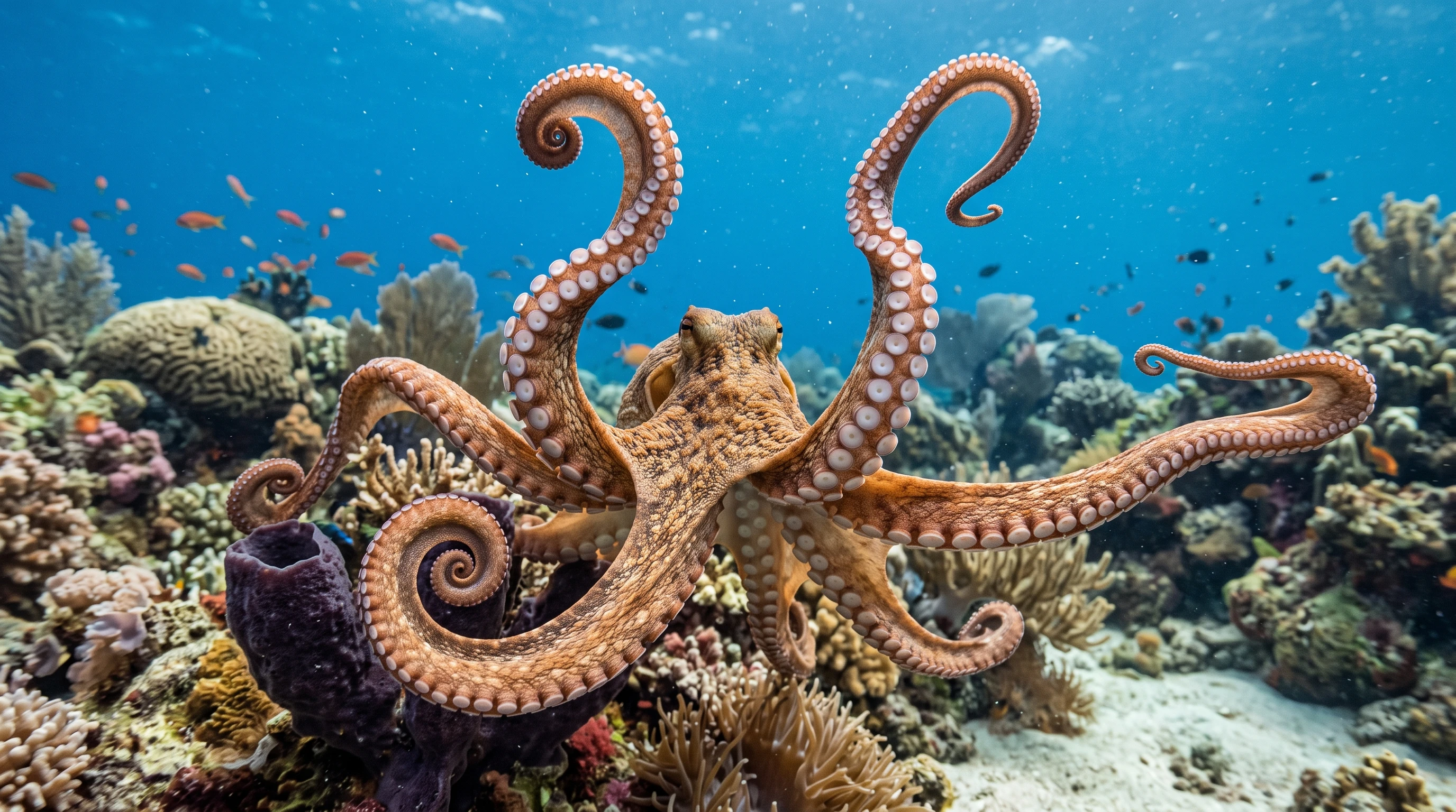 A close-up of a flexible animal like an octopus spreading its arms to show bending and stretching movements in multiple directions, set in a natural aquatic background