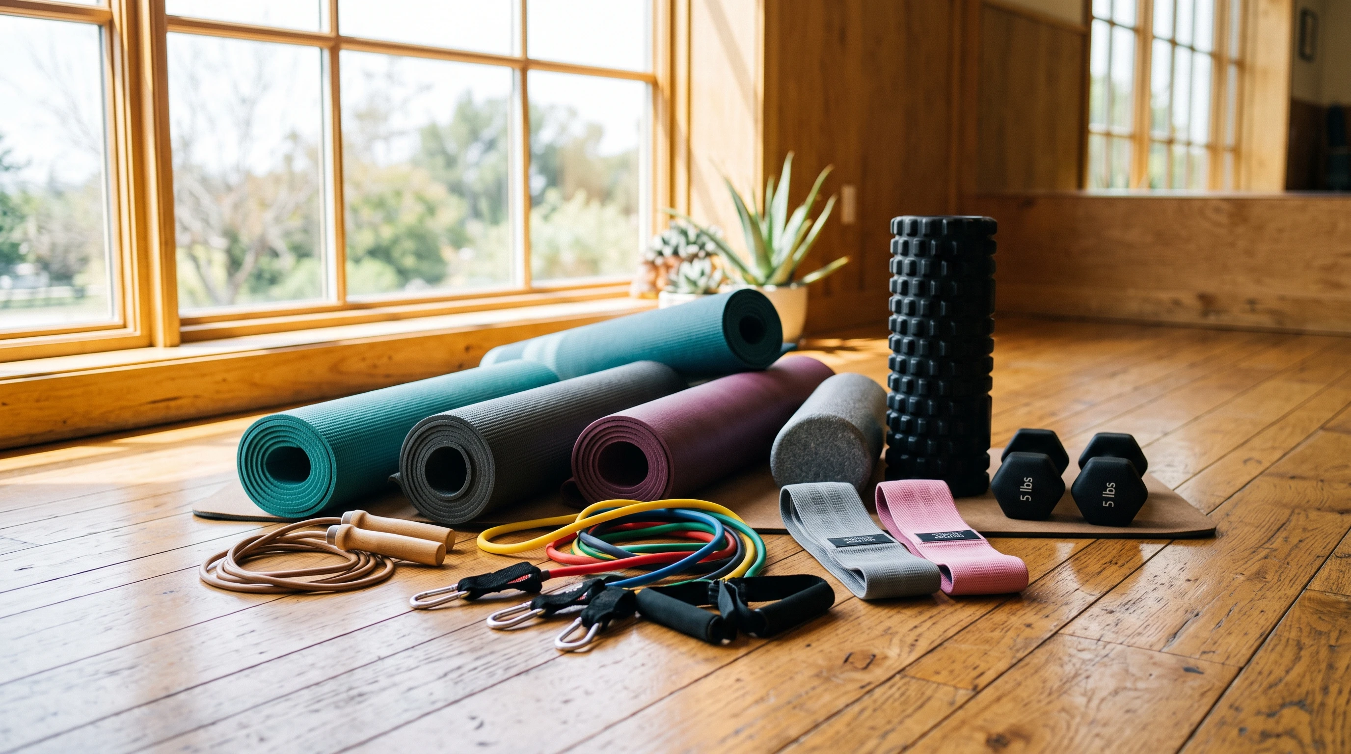 A collection of fitness equipment such as resistance bands, yoga mats, and foam rollers on a wooden gym floor, surrounded by natural light.