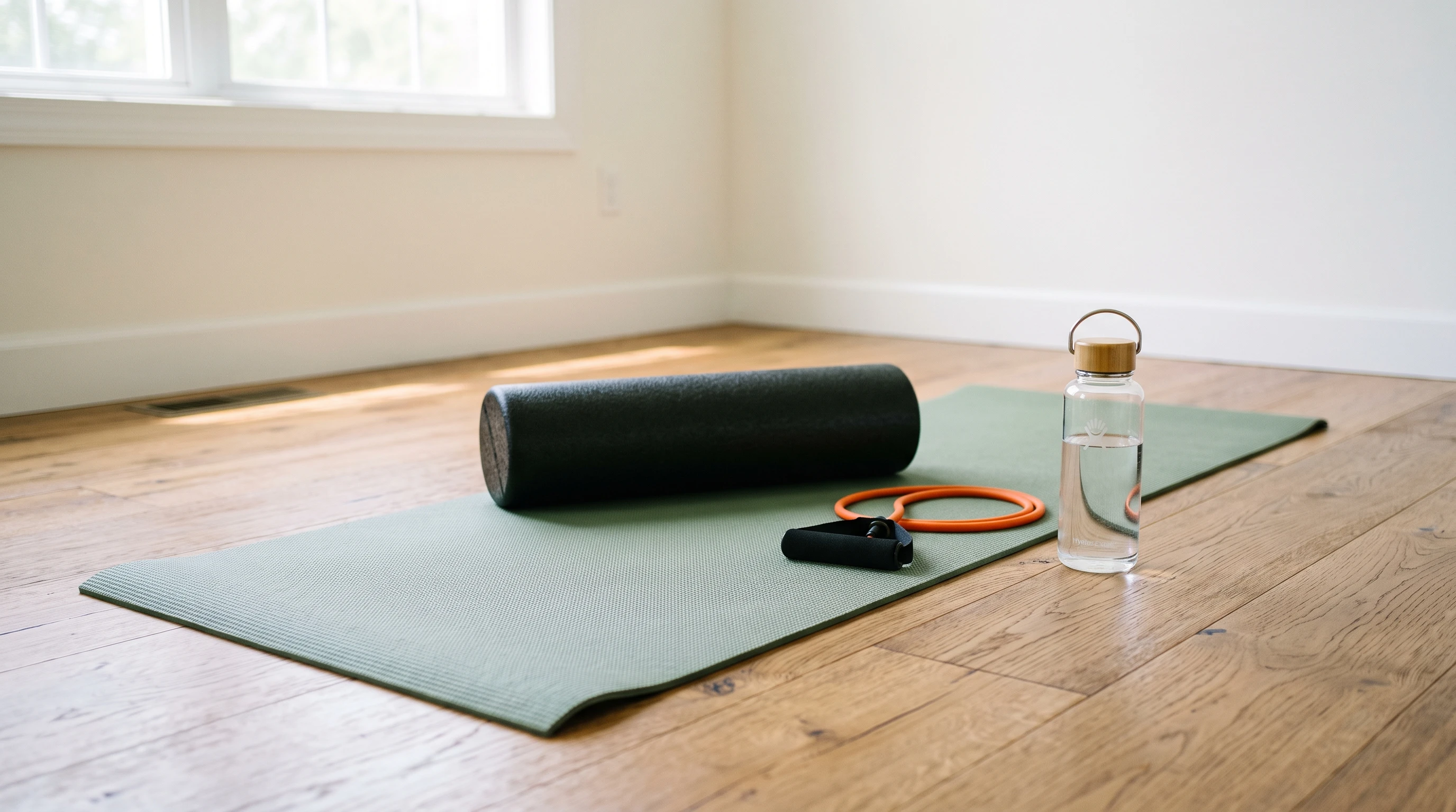 Yoga mat with foam roller, resistance band, and water bottle on a hardwood floor.