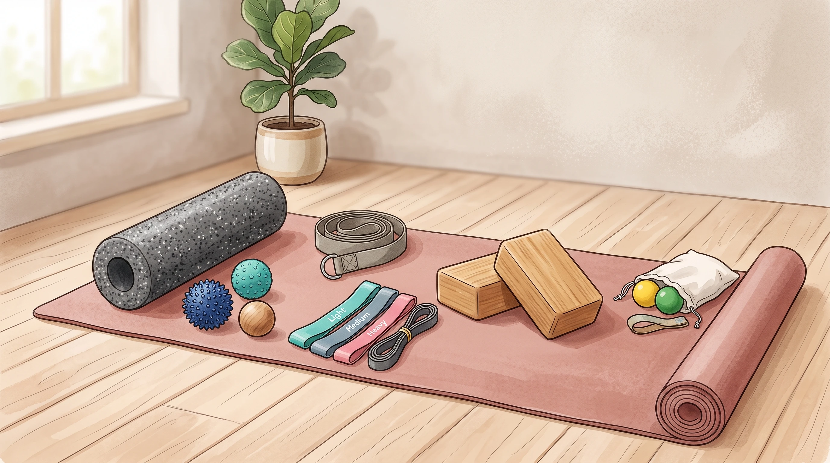 Set of illustrated mobility exercises tools and mat