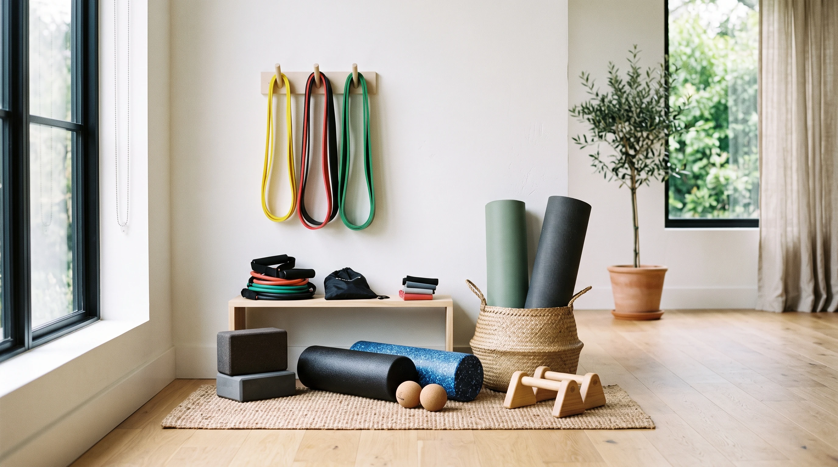 A variety of mobility exercise equipment such as resistance bands, foam rollers, and yoga mats arranged in a bright, uncluttered home fitness space.