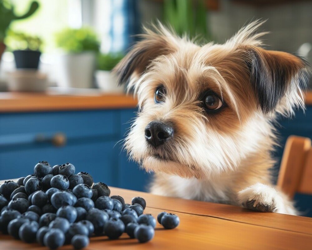 A small dog looking at a deliicious pile of blueberries on the kitchen table