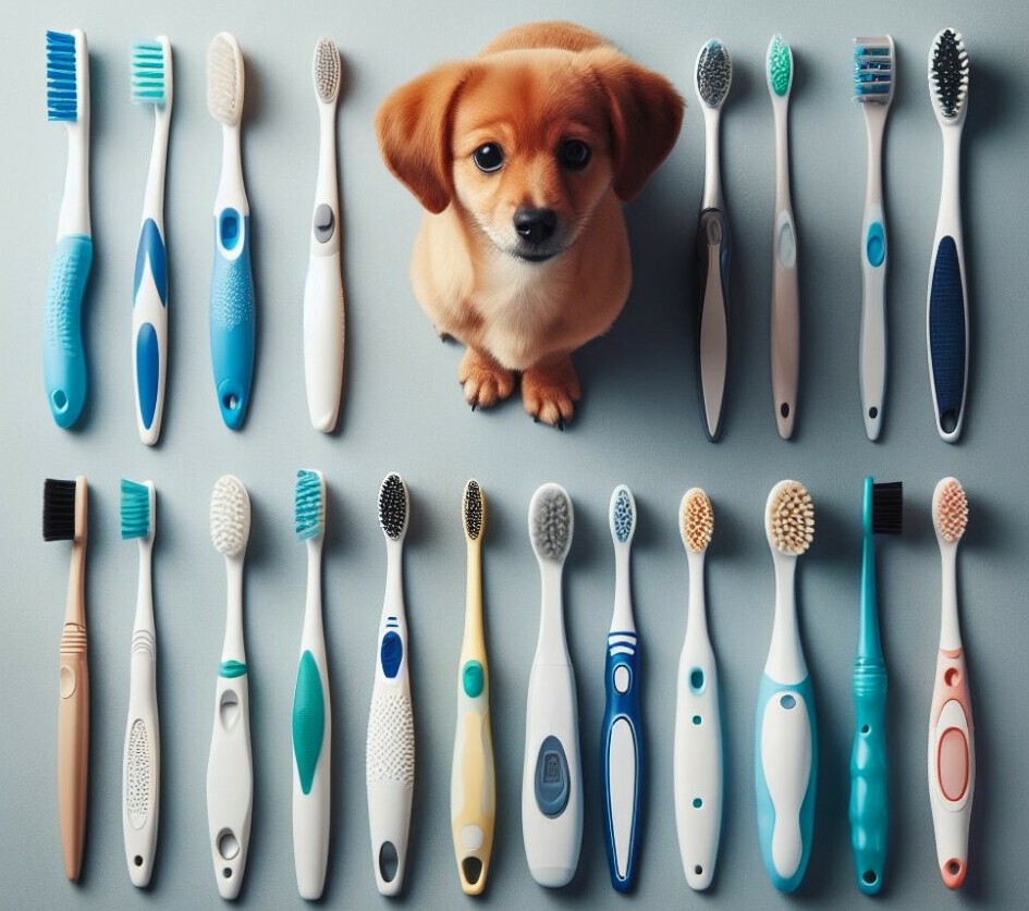 an assortment of different toothbrushes with a cute brown dog sitting amoungst them