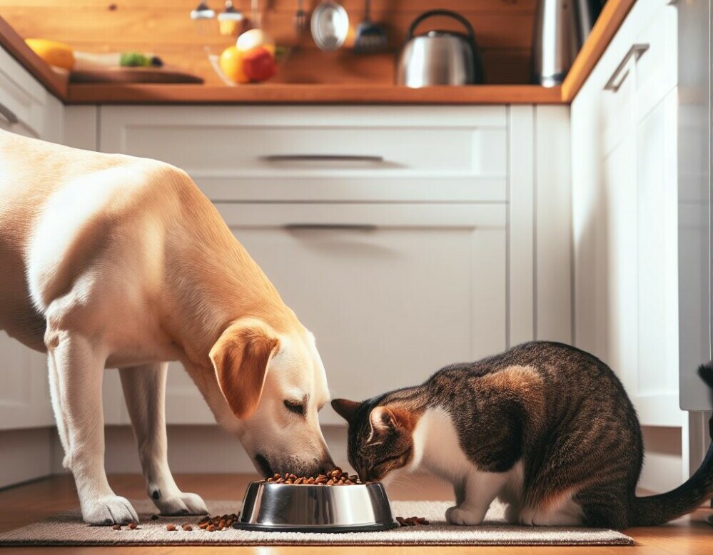  a dog and a cat sharing a bowl of animal food on the floor of a well lit and nicely furnished kichen