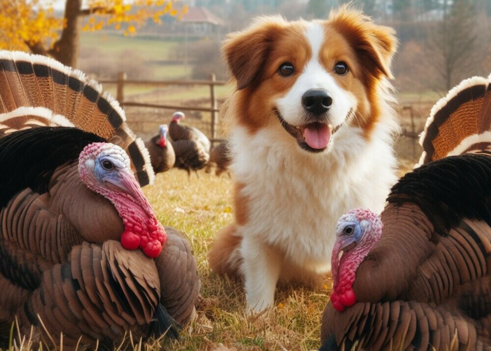 a cute brown and white dog in a field with some turkeys