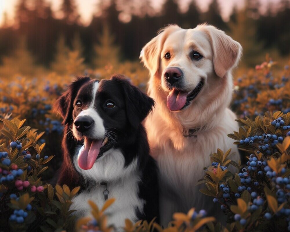 Two happy dogs sitting in a field full of blueberries