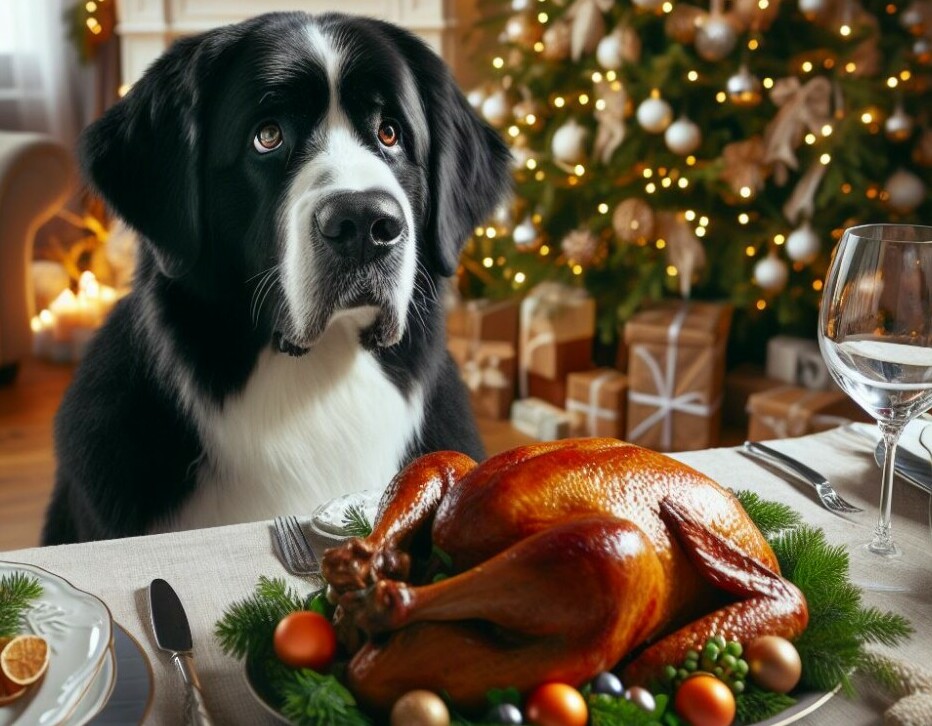 a black and white dog staring at a roasted turkey on a dining room table at christmas