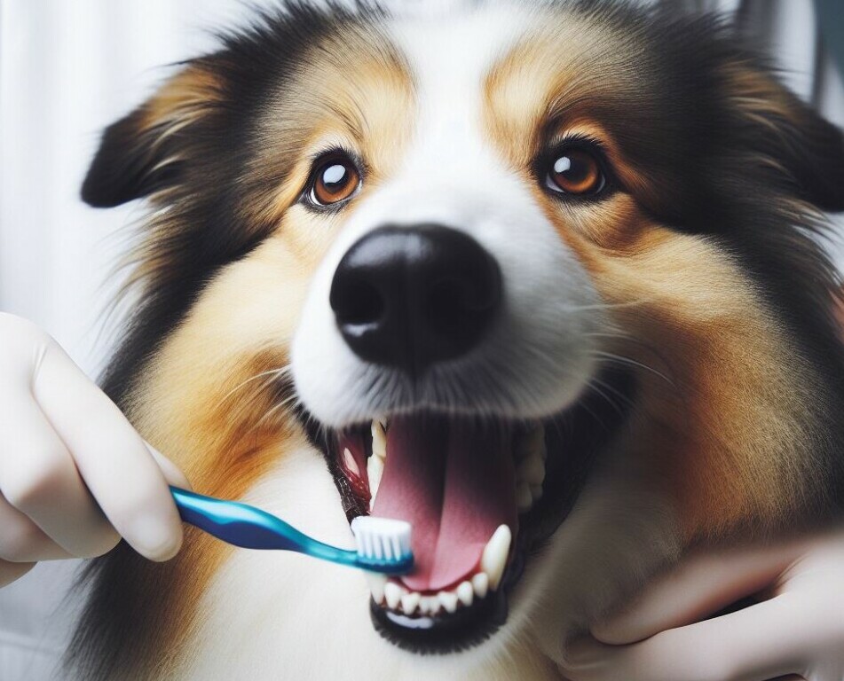 a happy looking brown, white and black dog have its teeth brushed