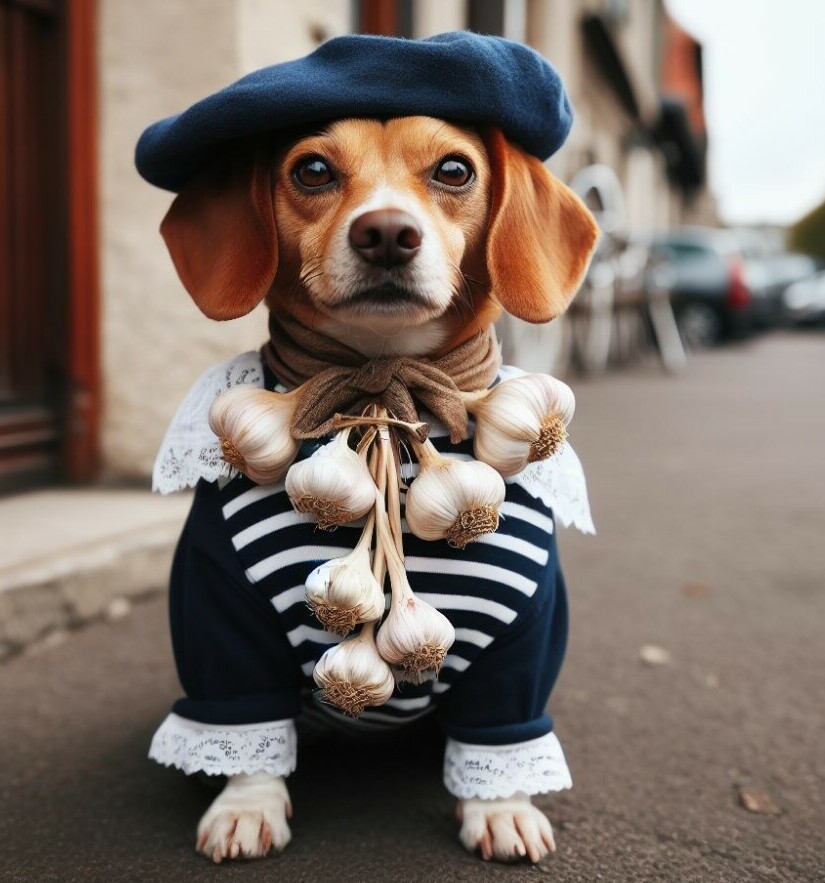 A cute little dog dressed is french style clothes wearing a necklace of garlic