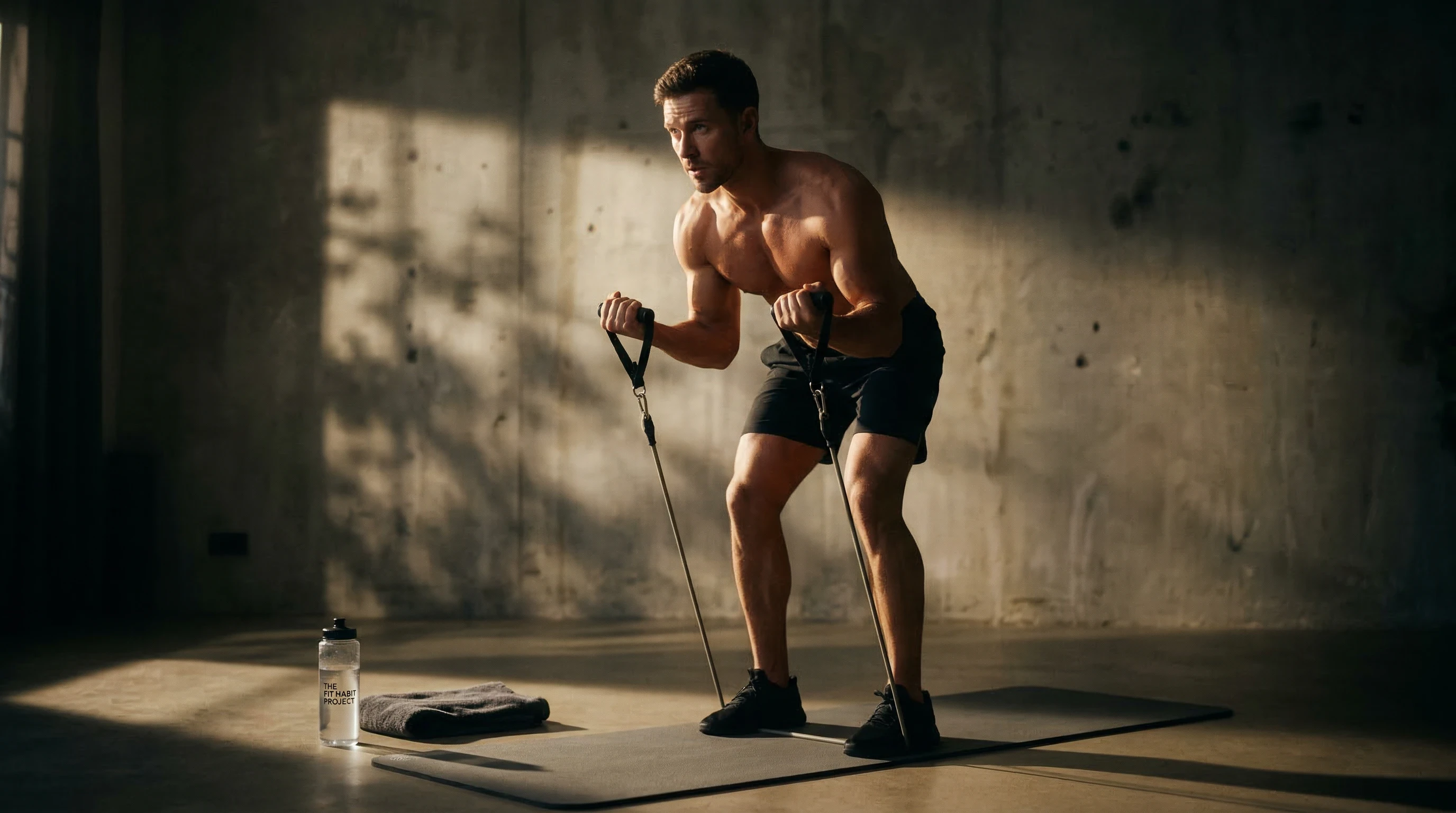 a man doing bicep curls with resistance bands performing a beginner strength training routine