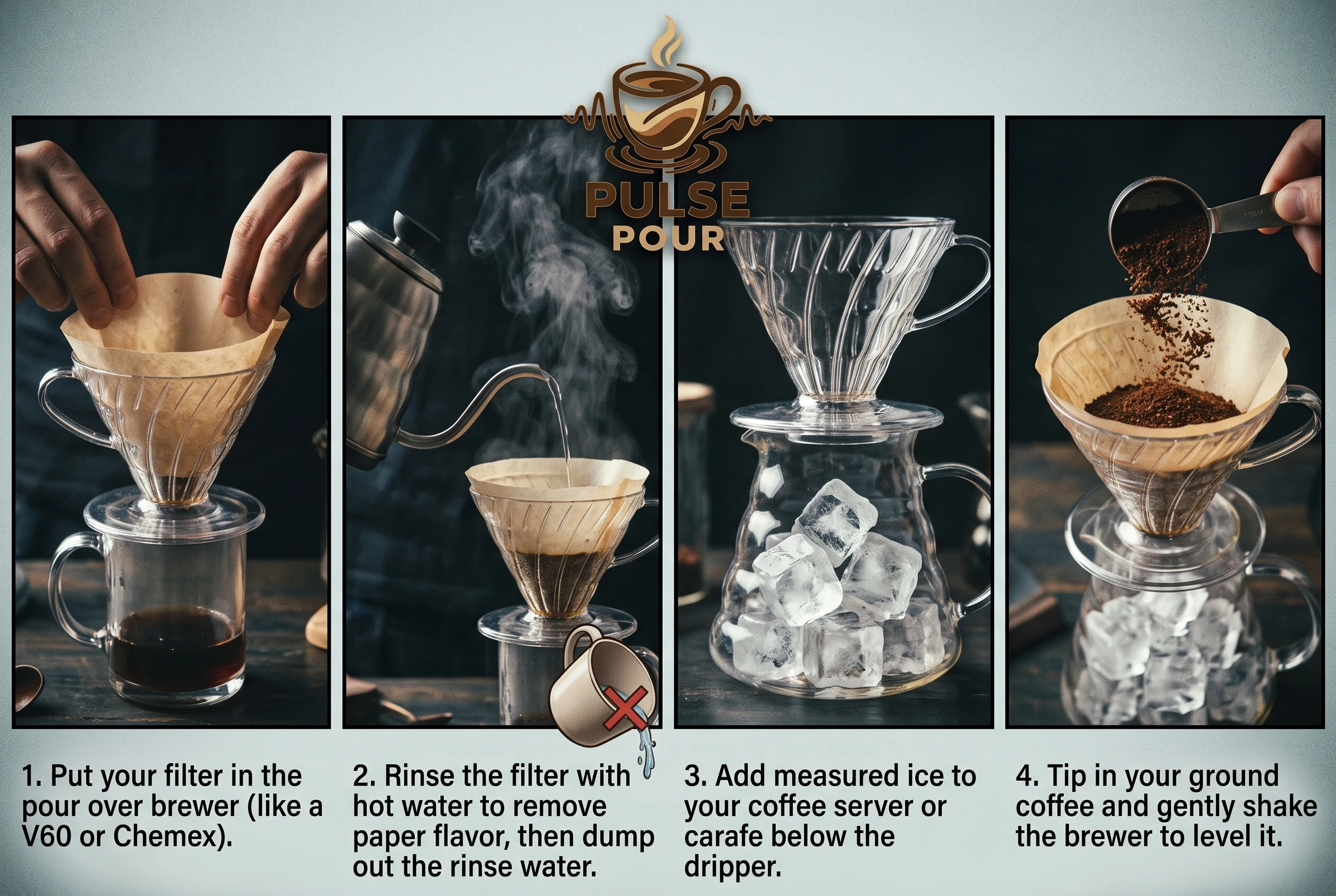 Put your filter in the pour over brewer (like a V60 or Chemex). Rinse the filter with hot water to remove paper flavor, then dump out the rinse water. Add measured ice to your coffee server or carafe below the dripper. Tip in your ground coffee and gently shake the brewer to level it.