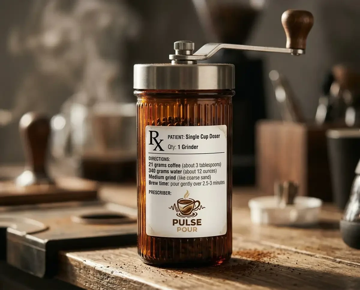 The single cup pulse pour prescription coffee to water ratio on a grinder that looks like a prescription bottle