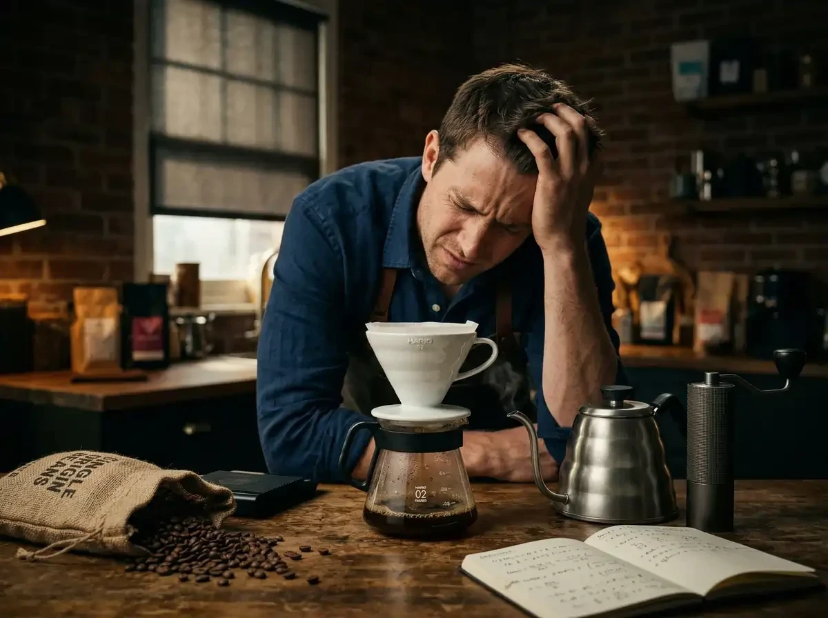When a man cant figure out whats wrong with his pour over coffee brewing