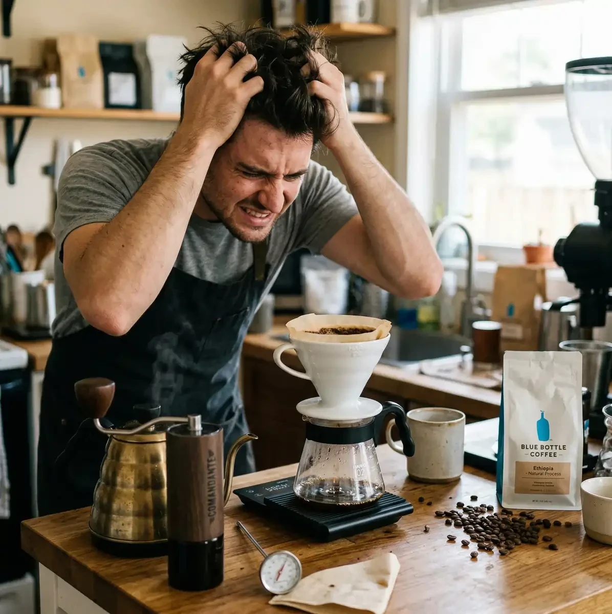 Man getting frustrated with pour over