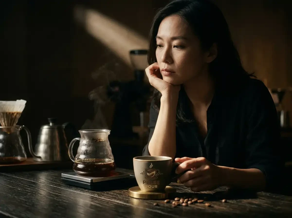woman thinking about pour over coffee