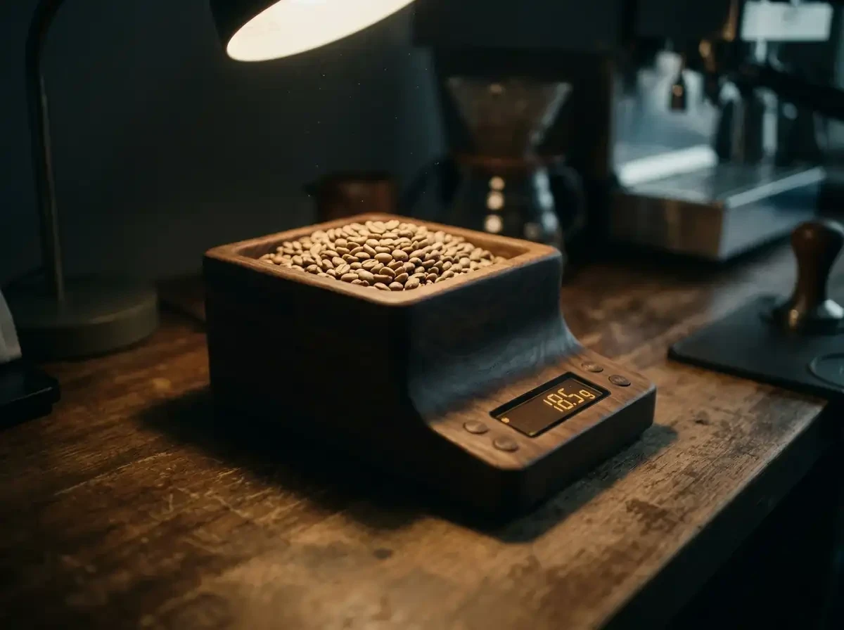 wooden coffee doser with scale and light roast beans