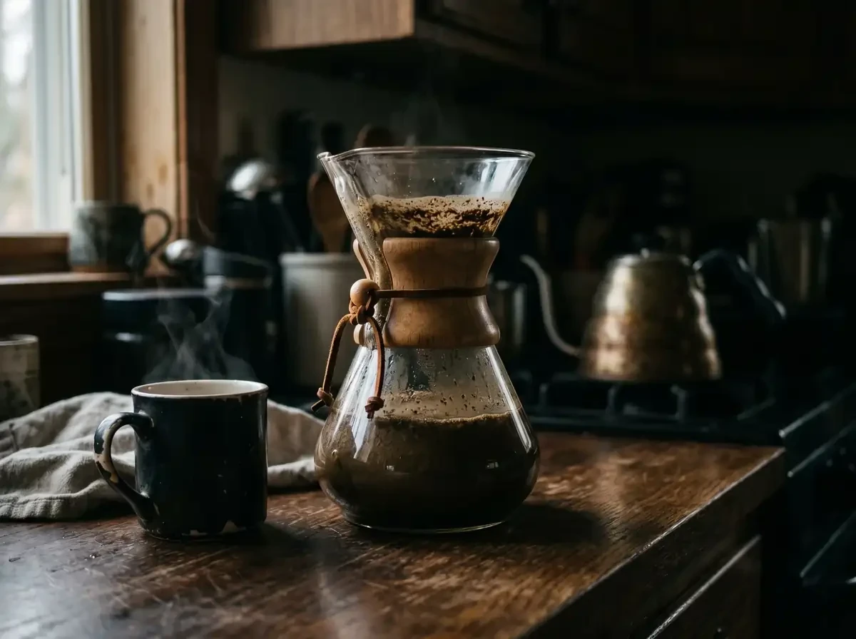 A chemex with muddy coffee and coffee cup