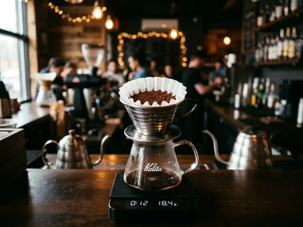 a kalita wave with medium-fine evenly ground coffee grounds on a glass carafe sitting on a coffee scale
