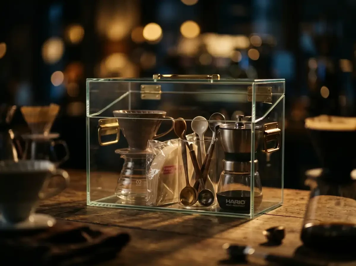 a glass hario toolbox with filters, stirring spoons, a manual coffee grinder, and a hario v60 inside