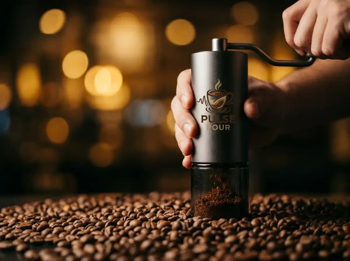 a gunmetal colored handheld manual burr grinder being used above a bed of coffee beans