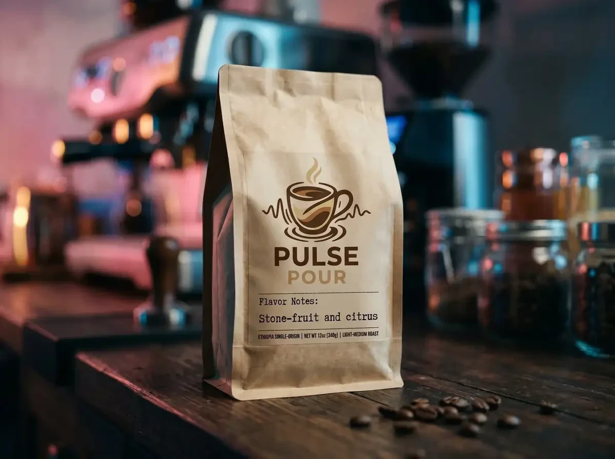 a close-up of a bag of freshly roasted coffee with flavor notes saying 