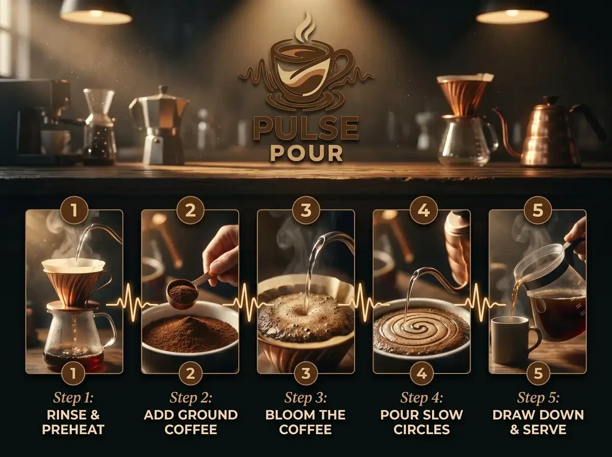 an infographic showing the steps to using a Hario v60