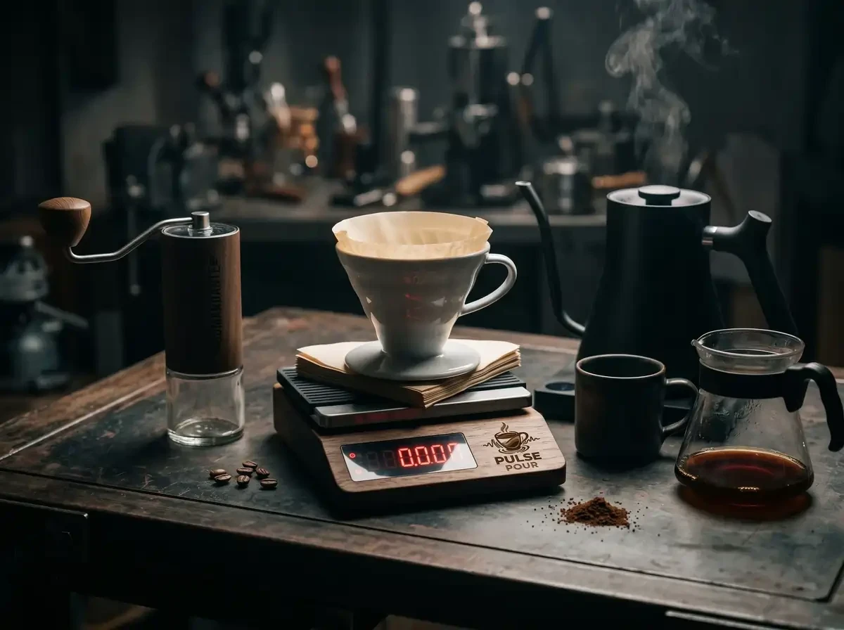 a layout of v60 pour over coffee brewing supplies