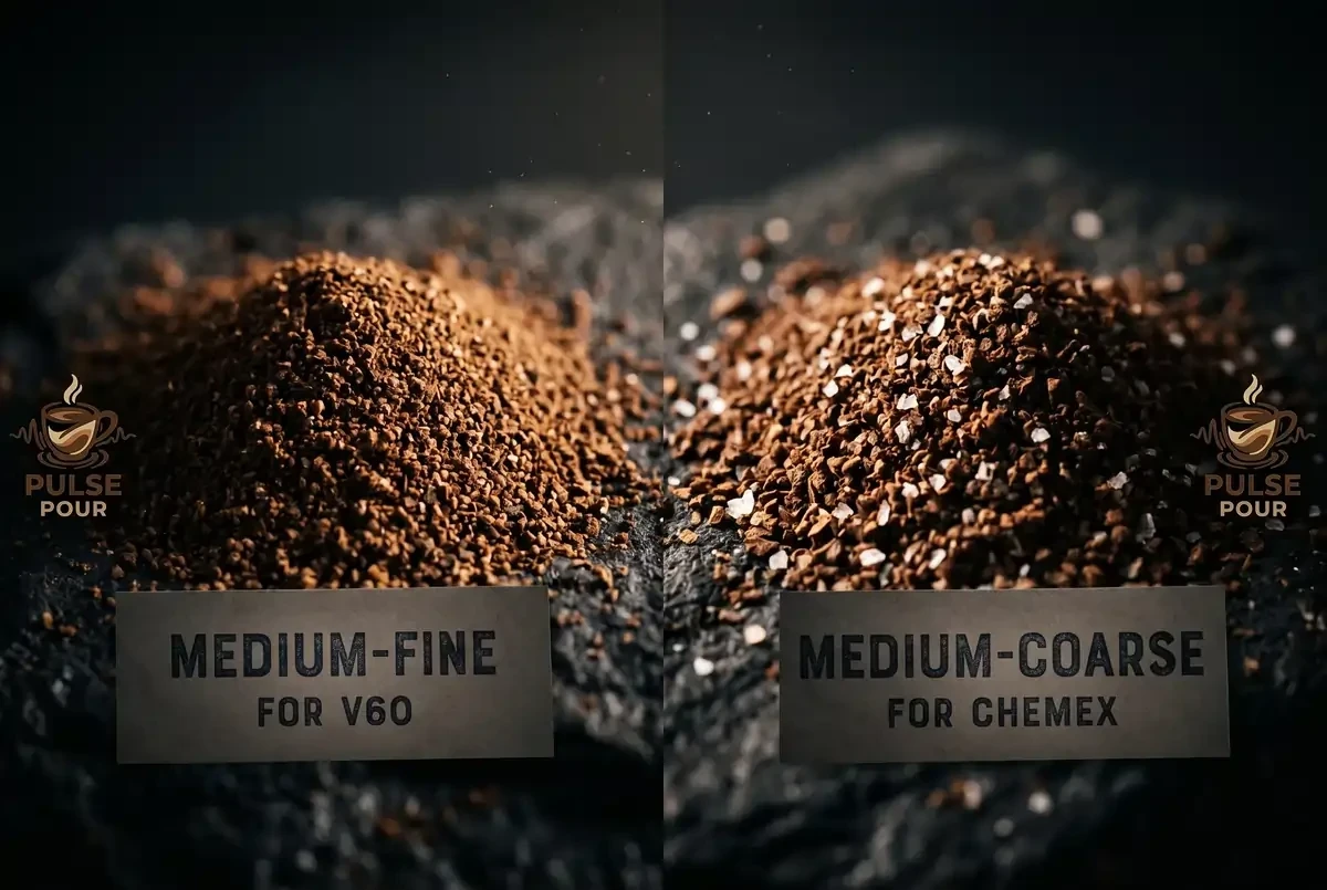 Close up of medium-fine and medium coarse coffee grounds