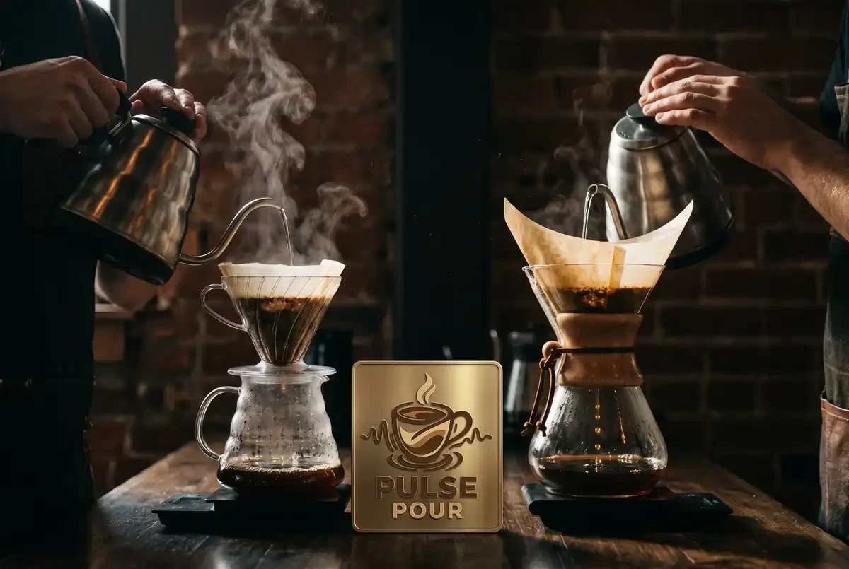 V60 vs Chemex: Each being poured with the V60 on the left, and the Chemex on the right