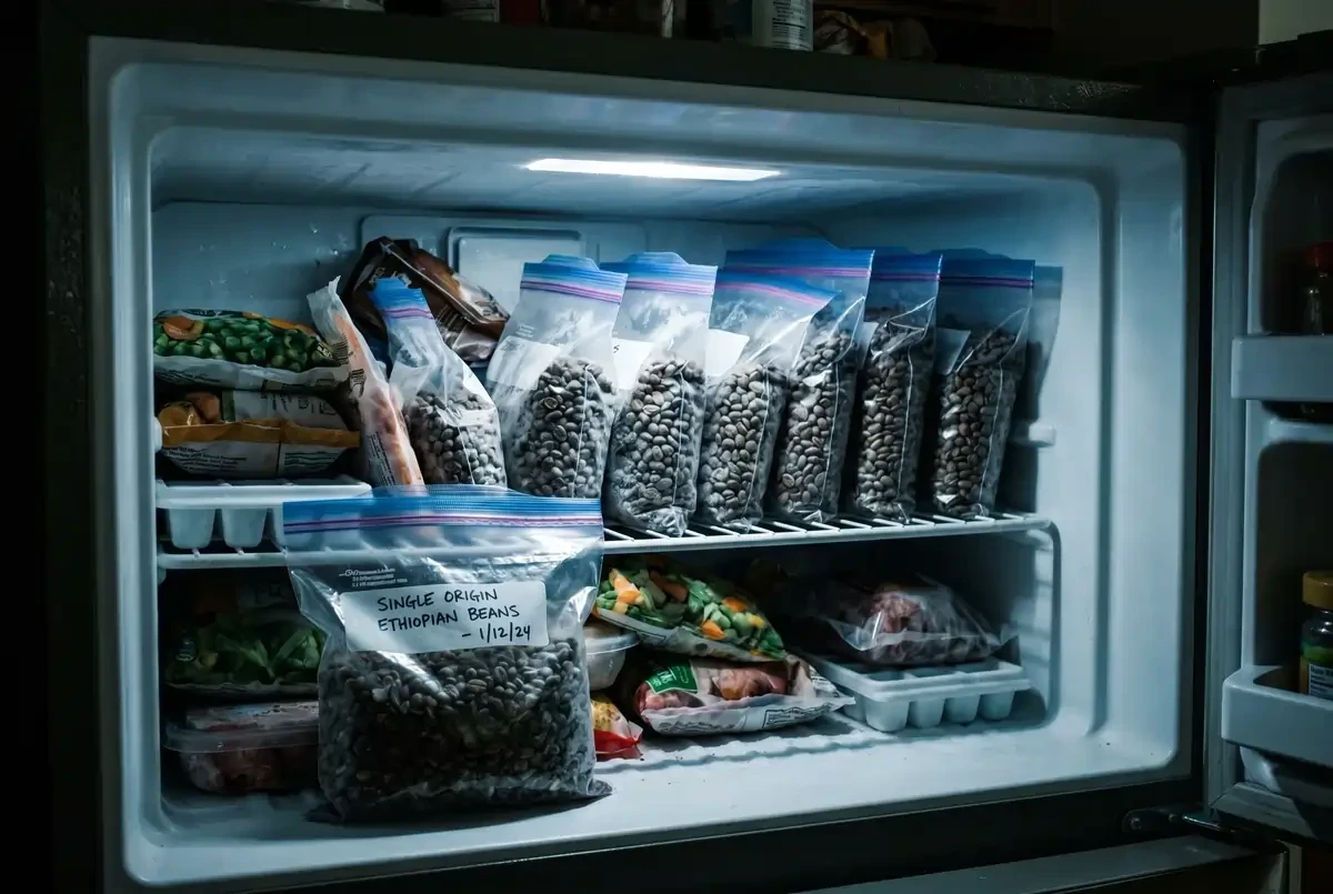 Coffee beans stored properly in a freezer