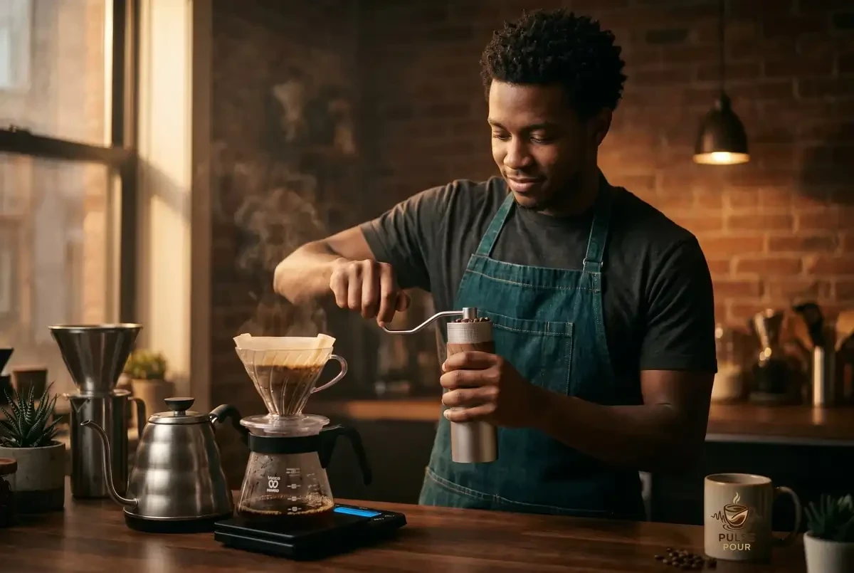 Man grinding coffee before brewing for optimal freshness